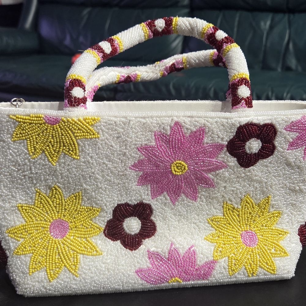 #12 - Floral Beaded Handbag - White, Pink, Yellow - Picture 2 of 3